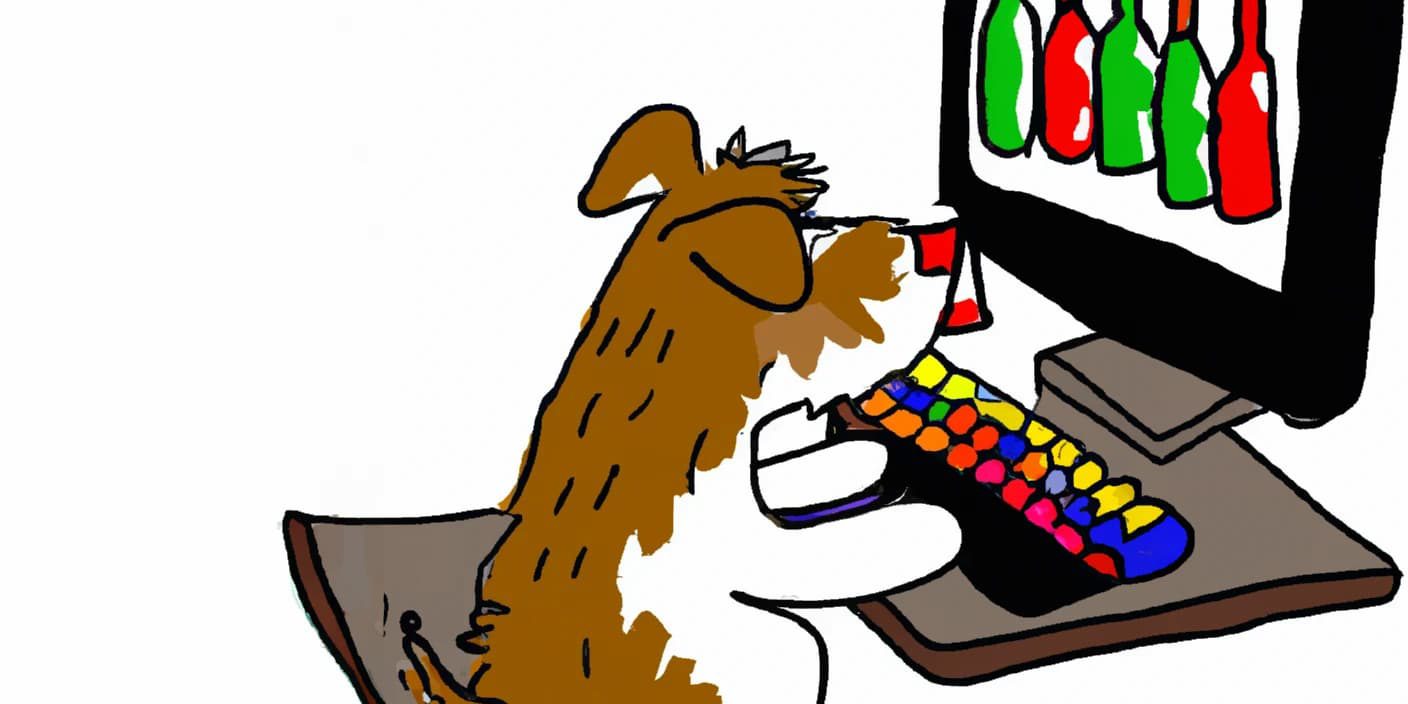 DALL·E 2023-07-20 11.18.01 – draw a colourful picture of a dog making an order of empty wine bottles. the dog is on the computer making the order