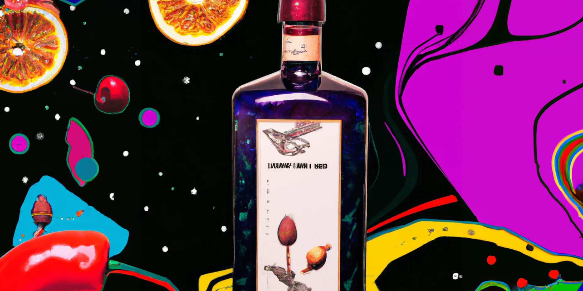 DALL·E 2023-09-26 13.50.33 – do an artistic bottle of gin with a nice label and a background that tells story of the gin. make the background crazy and colorful