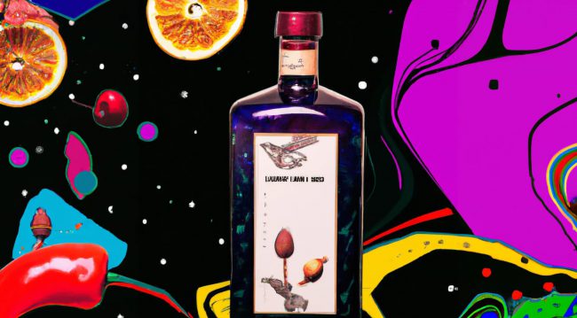 DALL·E 2023-09-26 13.50.33 – do an artistic bottle of gin with a nice label and a background that tells story of the gin. make the background crazy and colorful