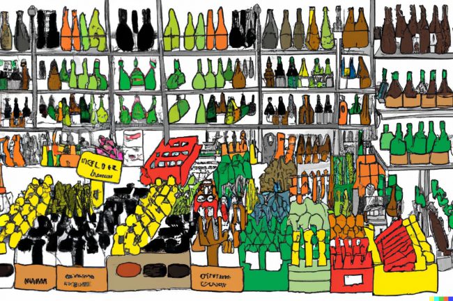 DALL·E 2023-09-29 10.04.55 – draw a coulourful warehouse with loads of different beer bottle products