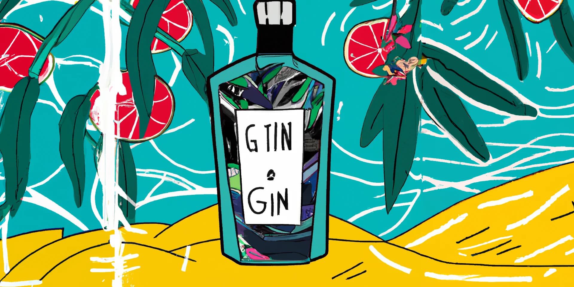 DALL·E 2023-10-27 16.21.00 – draw a picture of a bottle of gin placed in tropics. Tropical background. explosion of flavours and ingredients. botanicals spirits experimental spirits