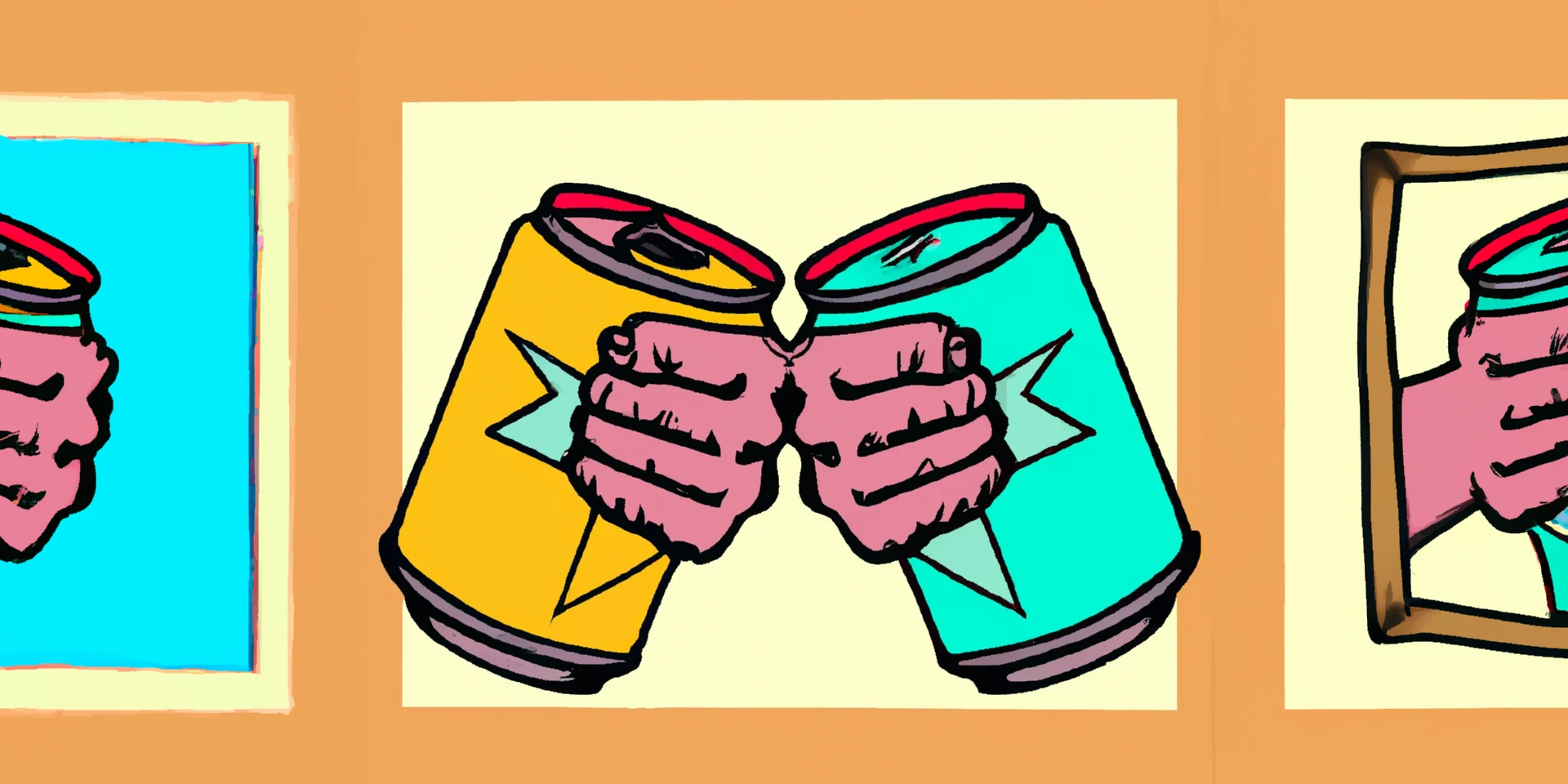 DALL·E 2023-11-03 15.52.56 – draw a colourful retro picture of two cans of beers fist bumping like two old mates breweries collaboration