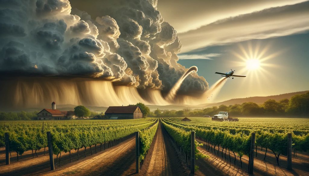 harvest time and cloud seeding to break up the clouds in mendoza, the winery region of Argentina