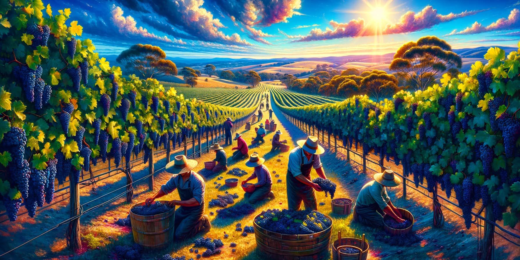 DALL·E 2024-01-25 16.33.47 – A vibrant scene of grape harvest in sunny Australia, now in a wider frame. The image showcases a vast vineyard under a clear, bright blue sky, with in a suny harvest season in australia. harvesting grapes for winemaking