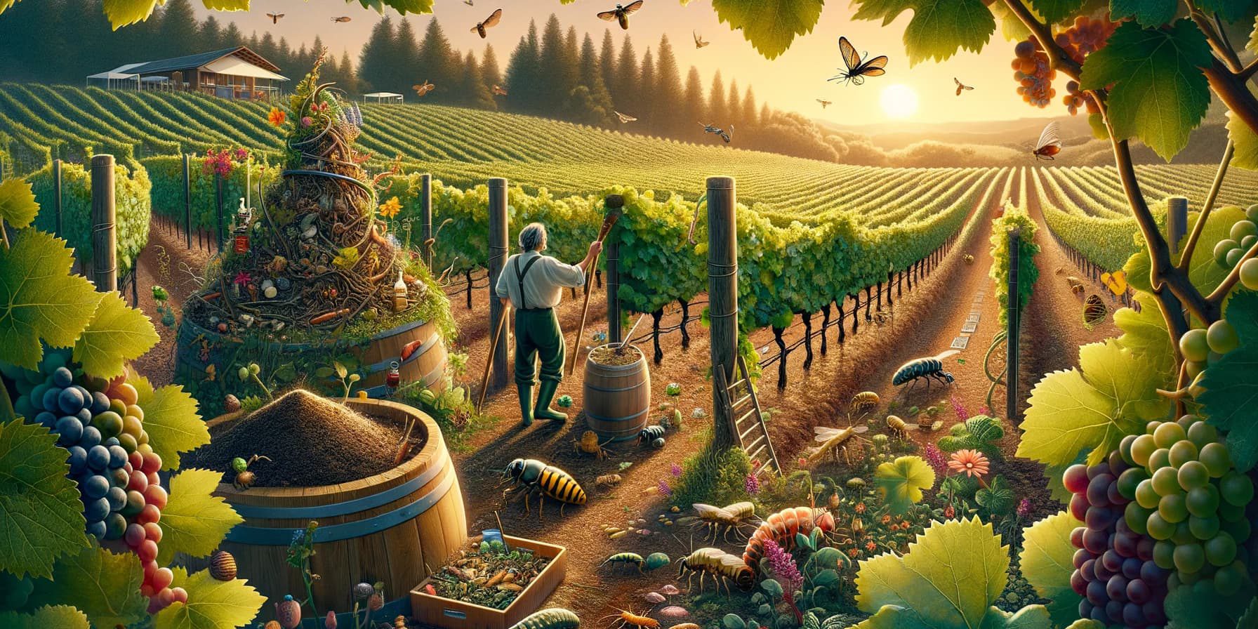 DALL·E 2024-02-07 16.00.27 – Create an image that depicts a biodynamic vineyard scene in a realistic style, showcasing the intricate relationship between agriculture and the natur biodynamic vineyard