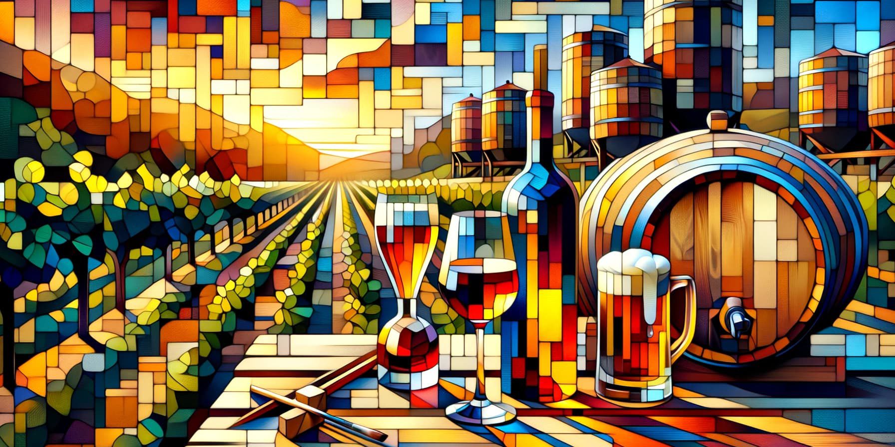 DALL·E 2024-02-27 16.04.26 – Transform the serene vineyard at sunset, featuring a glass of rich red wine, a crafted beer with a frothy head, and a small distillery bottle of golde