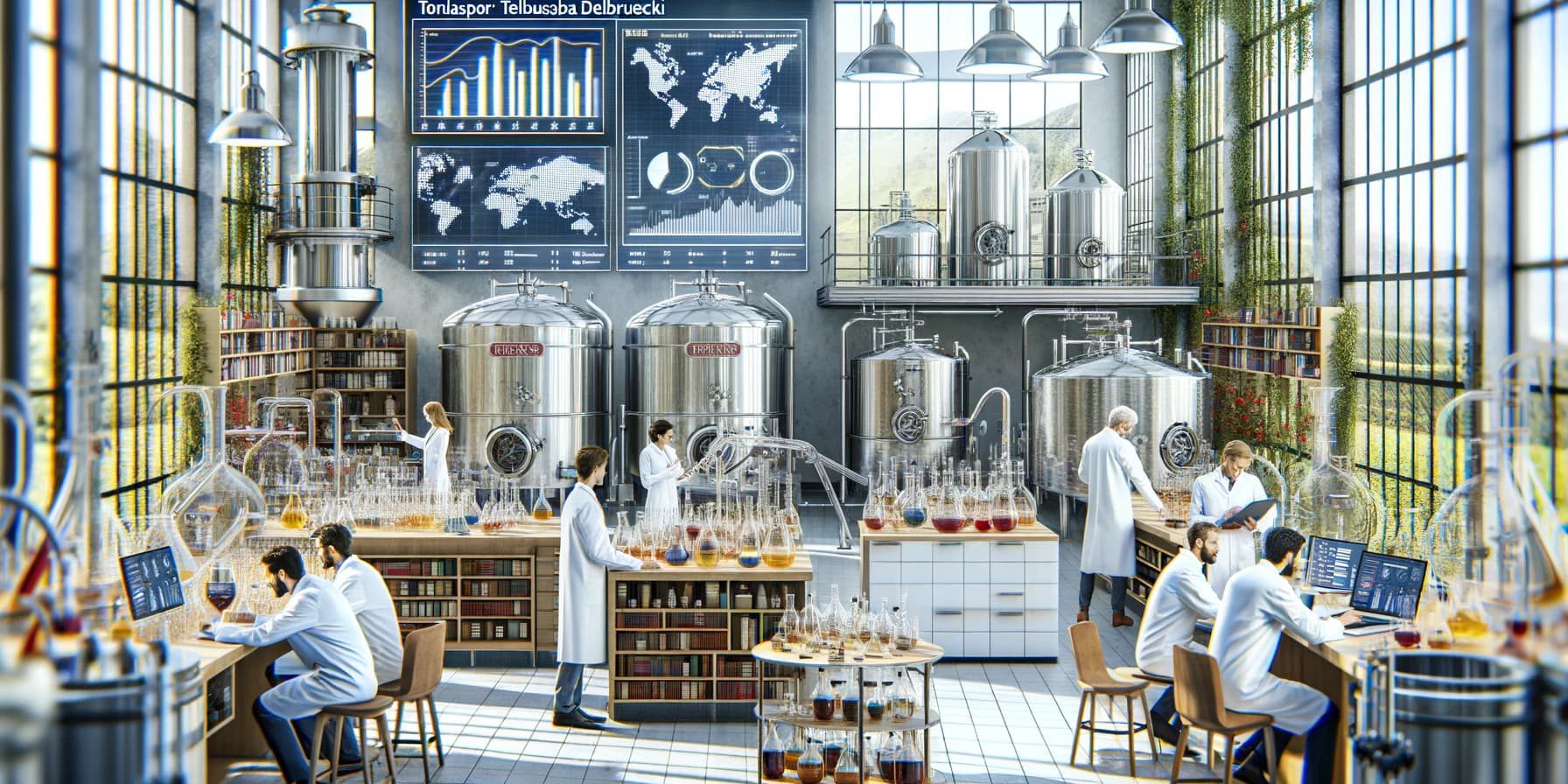 DALL·E 2024-03-12 10.30.04 – In a wide-format continuation of a sophisticated winemaking laboratory scene, scientists in lab coats are further analyzing wine samples. This extensi