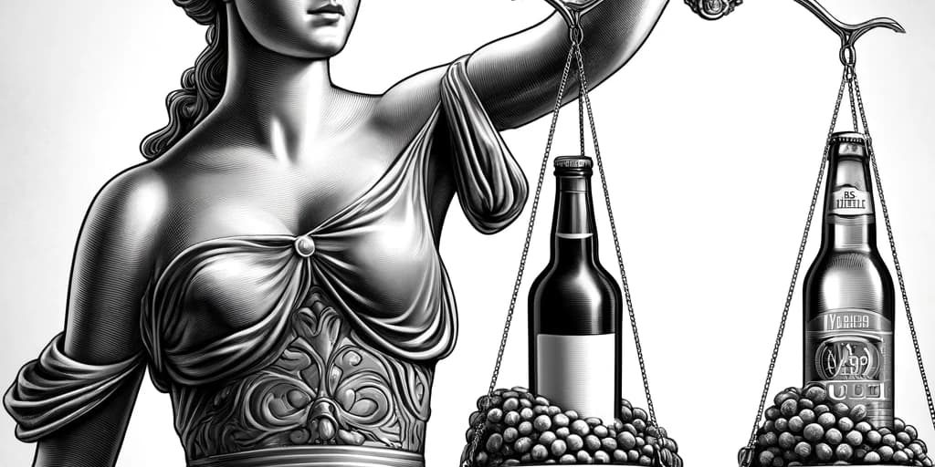 DALL·E 2024-04-11 10.09.22 – Illustrate the Statue of Lady Justice, a classic symbol of fairness and law, holding the scales of justice. On one side of the scale, place a bottle o