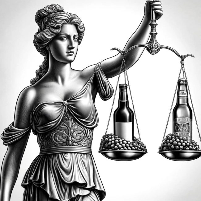 DALL·E 2024-04-11 10.09.22 – Illustrate the Statue of Lady Justice, a classic symbol of fairness and law, holding the scales of justice. On one side of the scale, place a bottle o