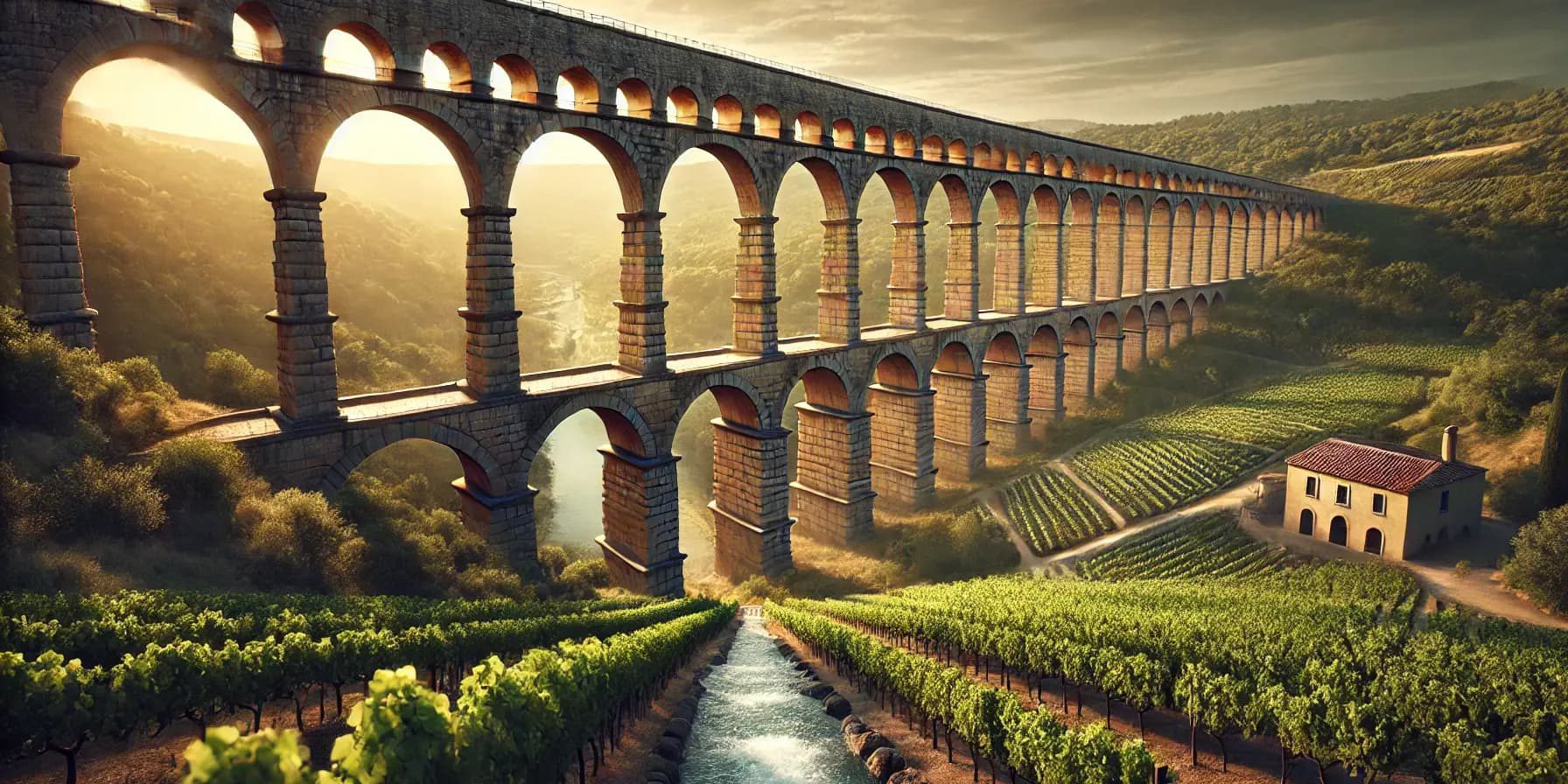 DALL·E 2025-01-30 17.16.33 – A wide shot of a grand Roman aqueduct made of ancient stone arches stretching across a lush green vineyard. Water flows along the top of the aqueduct,