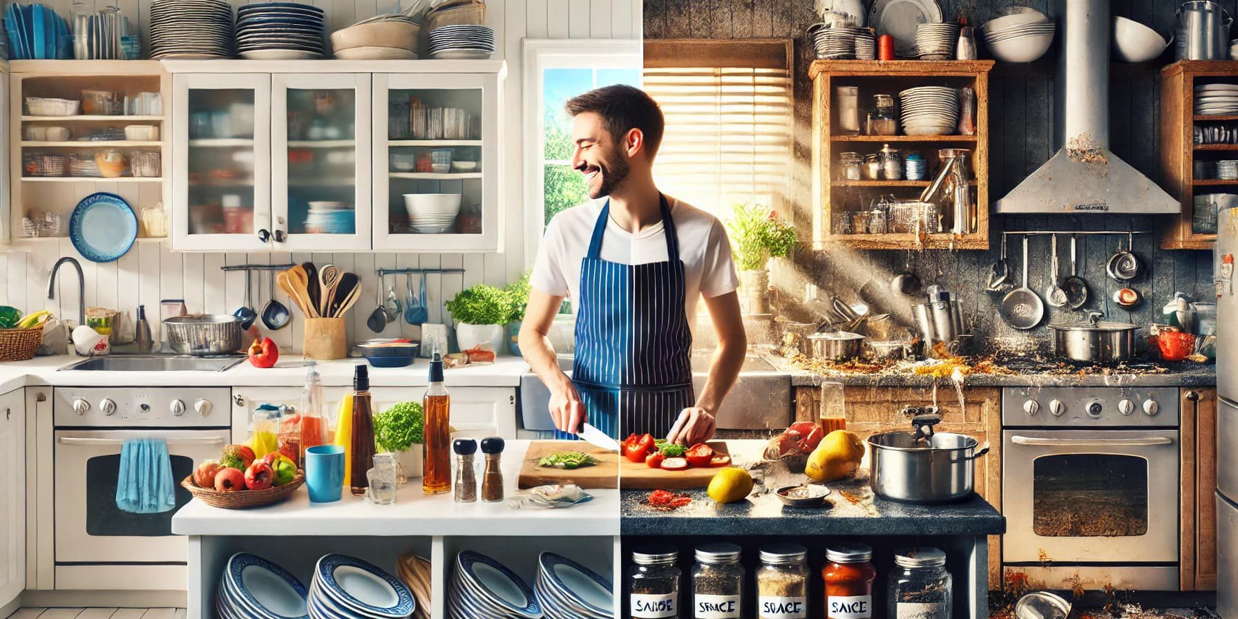 DALL·E 2025-06-19 14.28.39 – Split-screen image showing two contrasting kitchen environments. Left side_ an ultra-clean, organized kitchen. Sparkling countertops, appliances perfe end of financial year