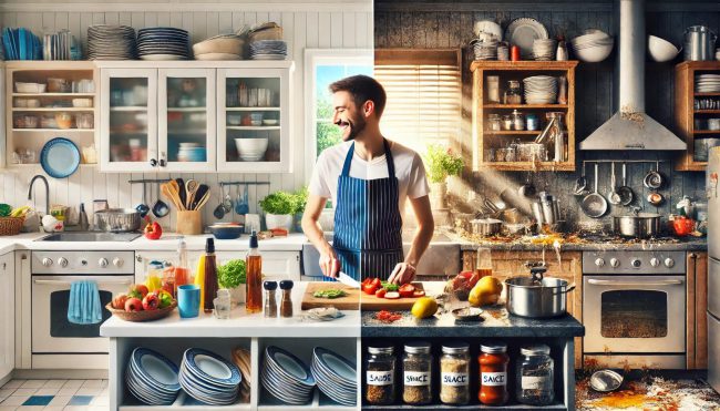 DALL·E 2025-06-19 14.28.39 – Split-screen image showing two contrasting kitchen environments. Left side_ an ultra-clean, organized kitchen. Sparkling countertops, appliances perfe end of financial year