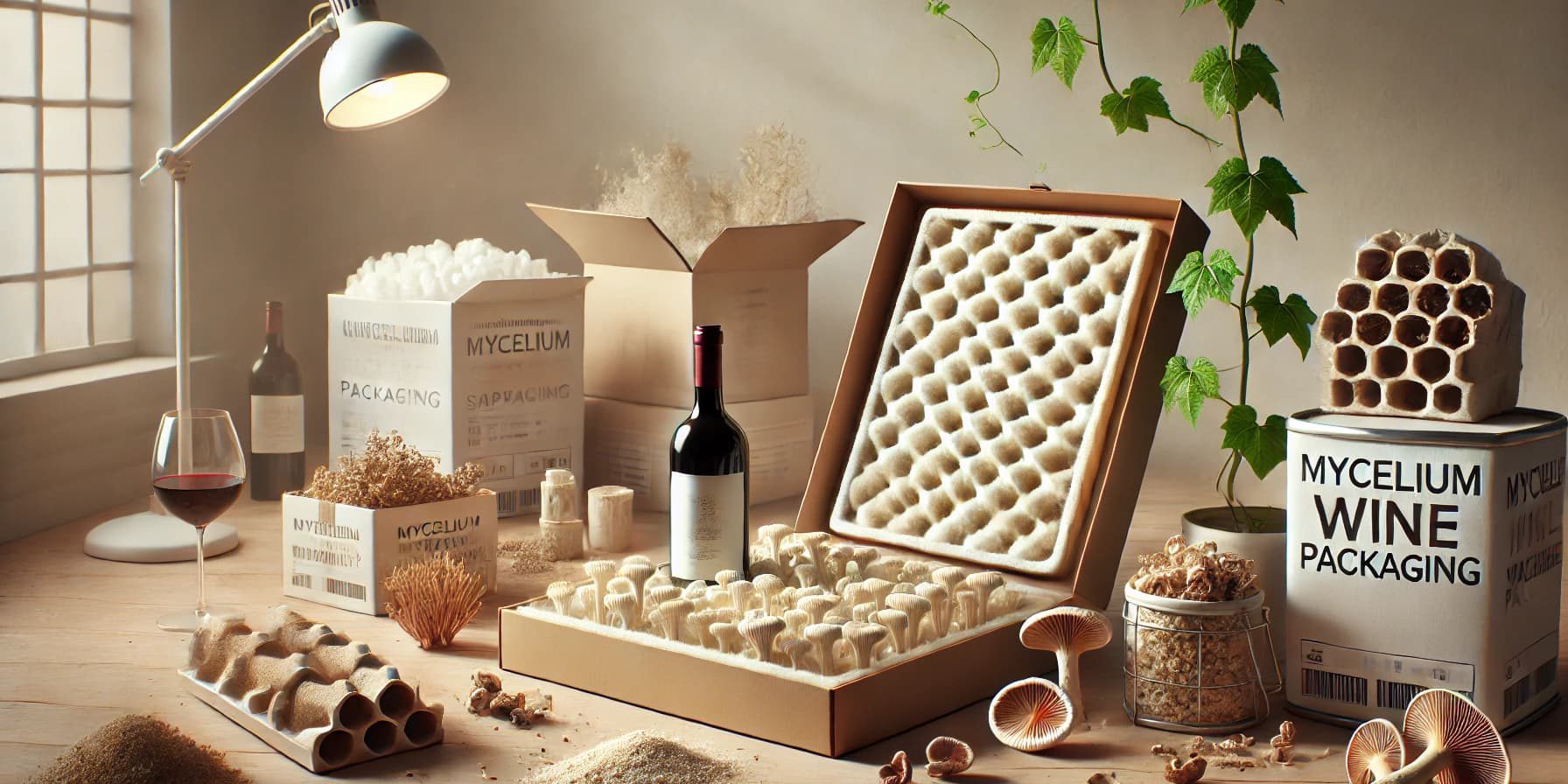 DALL·E 2025-07-10 10.32.20 – A wide, stylized editorial hero image for an article titled ‘Could Mushrooms Replace Cardboard_’. The scene features a clean, natural-light studio wit mycelin mushroom wine packaging