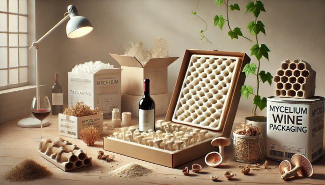DALL·E 2025-07-10 10.32.20 – A wide, stylized editorial hero image for an article titled ‘Could Mushrooms Replace Cardboard_’. The scene features a clean, natural-light studio wit mycelin mushroom wine packaging